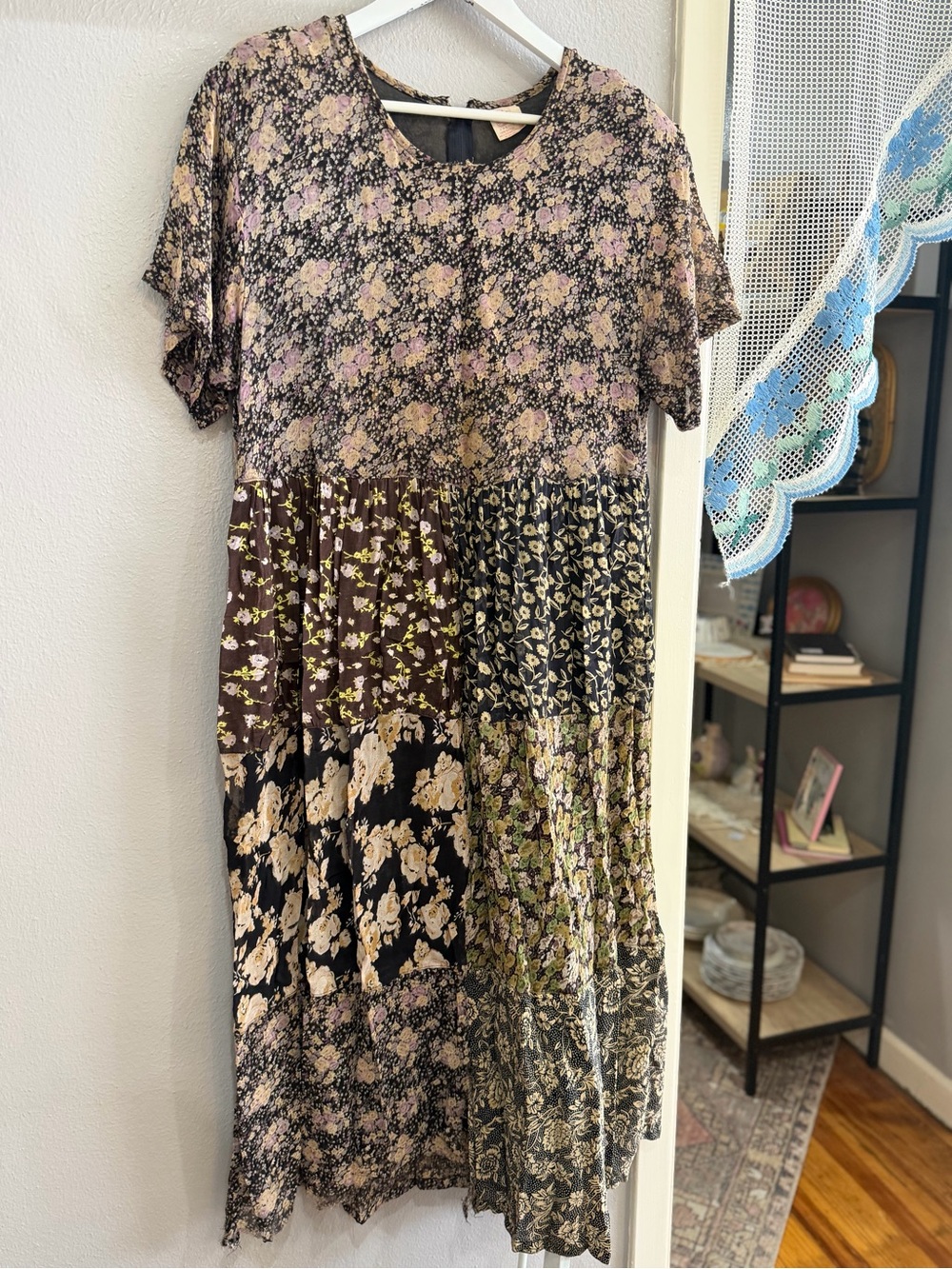 Floral Patchwork Short-Sleeve Midi Dress - Black & Brown Floral
